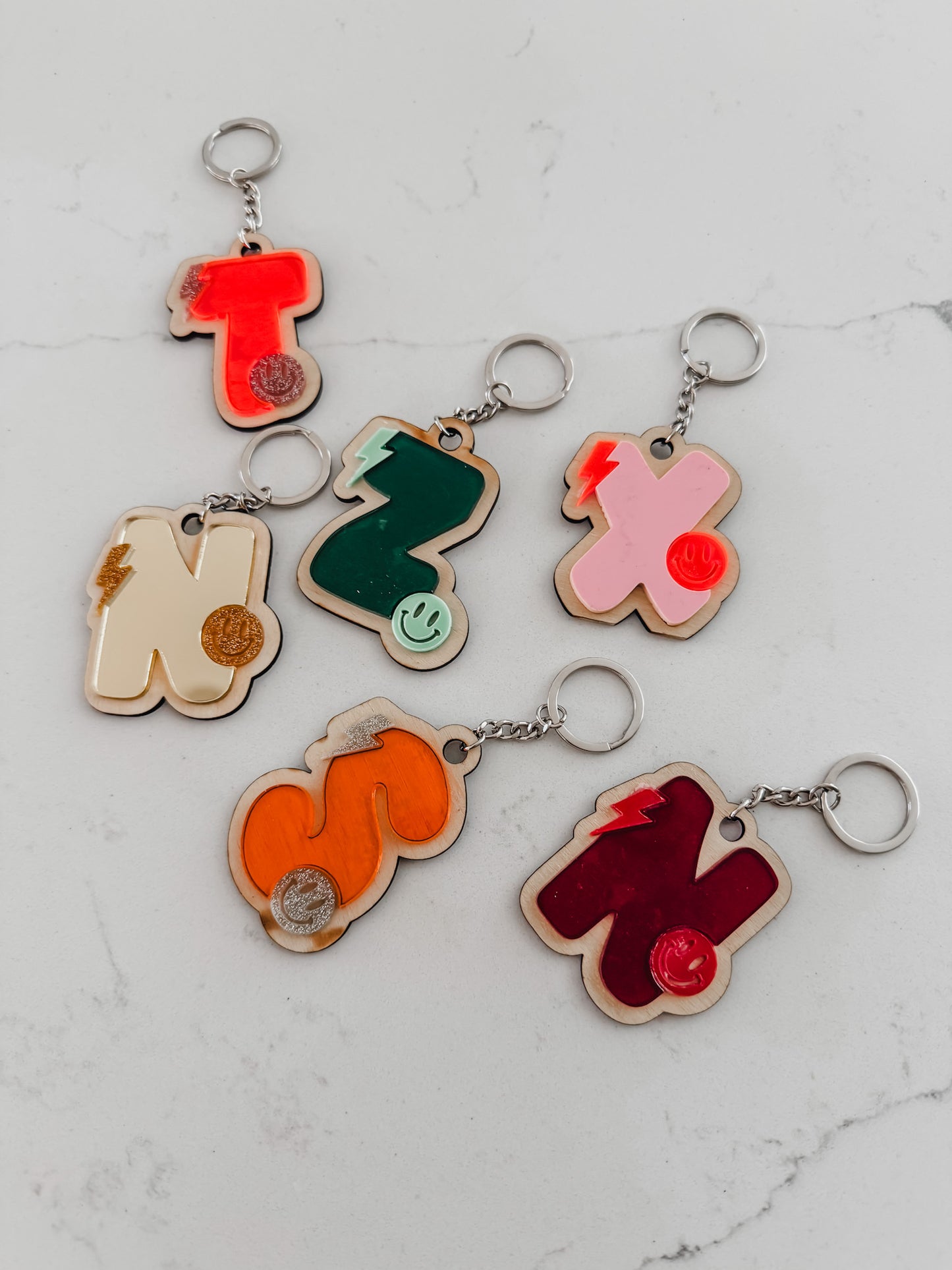Funky Retro Initial Wood & Acrylic - Keychains