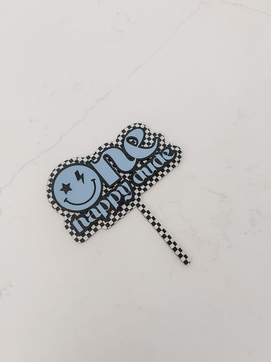 One happy dude - Blue & Checkered - Cake Topper